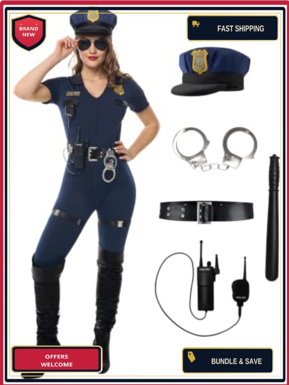 7 Piece Women's Police Costume Set Jumpsuit Hat Baton Handcuffs Belt